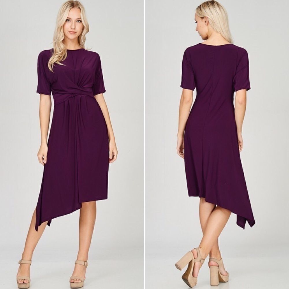 Asymmetrical Twist Front Midi Dress - Purple